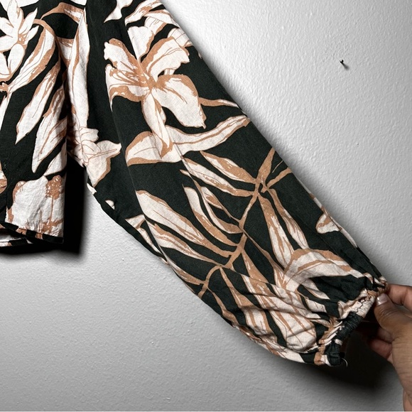 Rachel Zoe Women Linen Crop Top Small Green Floral Boho Puff Sleeve Resort‎ - Picture 2 of 10